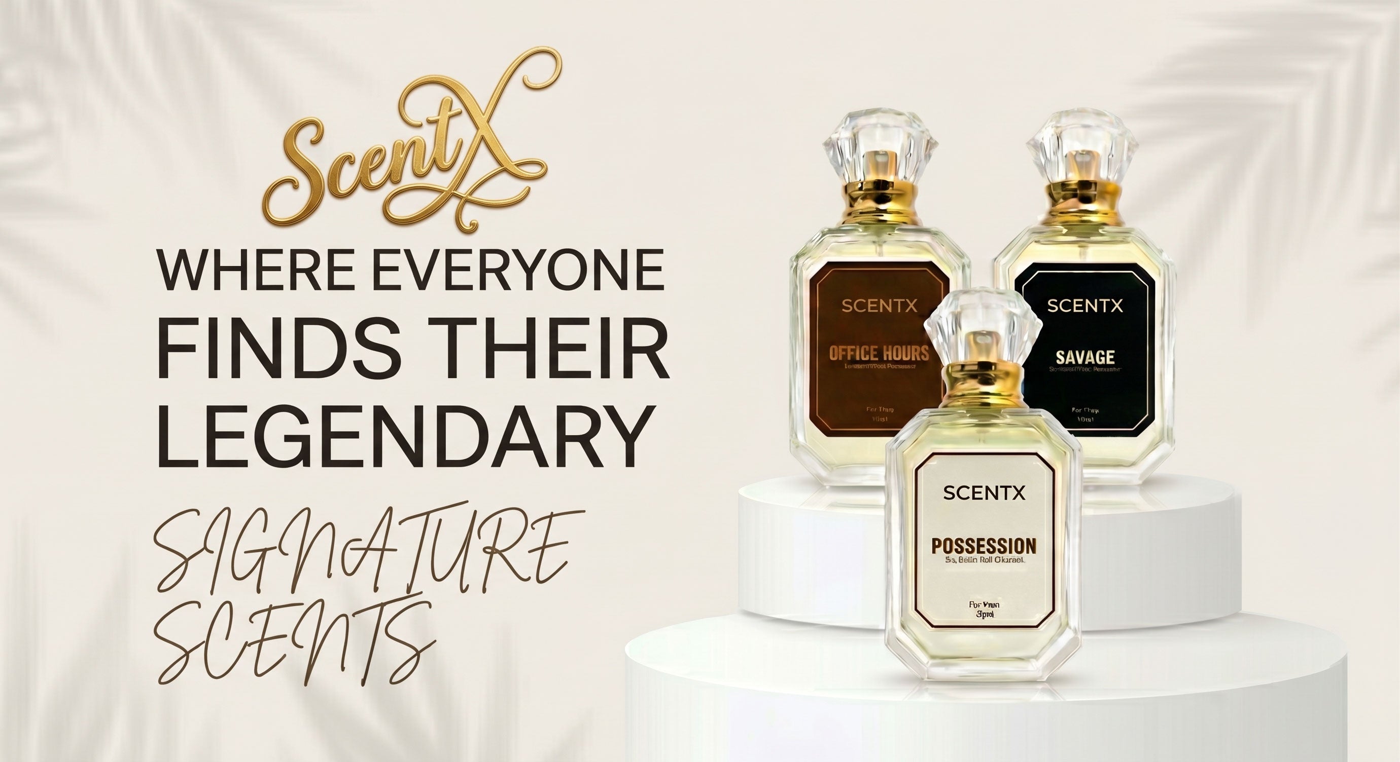 Three ScentX perfume bottles on a white platform with text about finding legendary scents.
