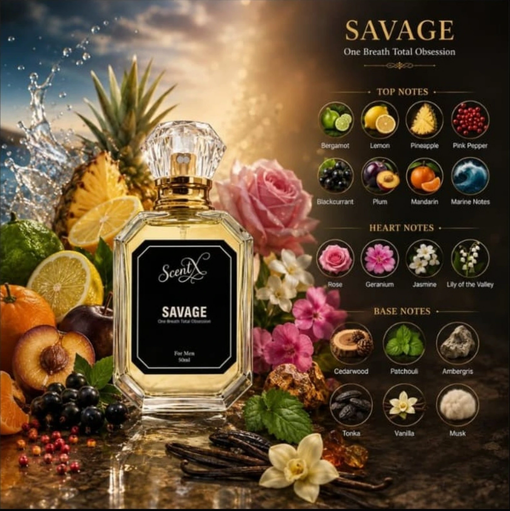 Savage with its fragrance-note illustrations